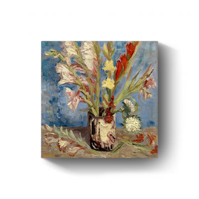 Vaas met tuingladiolen en Chinese asters door Vincent van Gogh